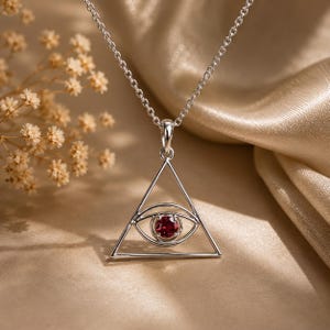 1CT Round Cut Lab Created Ruby Women's Chain Pendant 14K White Gold Finish Silver, Triangle Pendant, Evil Eye Pendant, Gift For Her