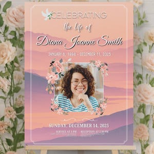 Editable Memorial Service Poster Template,  Celebration of Life Welcome Sign, Pink Mountain Funeral Photo Announcement  Canva Printable