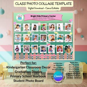 Editable Class Photo Collage Template | Primary School Poster Yearbook Style | Teacher & Student Photo Board | 20 Student Photo Slots Canva