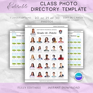 May include: An editable class photo directory template featuring a grid layout for student portraits. The document includes text headers such as Soft Serve Technical School, Grade 10 - Potchi, and Our Journey, Our Memories, with placeholders for 20, 25, or 30 photos.