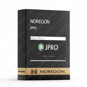 Puede incluir: Una caja de software rectangular negra para Noregon JPRO con una superficie texturizada. El frente muestra el texto blanco Noregon JPRO, un logotipo de JPRO con un icono circular verde y una banda dorada en la parte inferior con el logo Noregon y MS-Diesel.