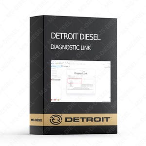 Könnte beinhalten: Eine schwarze Box mit dem weißen Text "DETROIT DIESEL DIAGNOSTIC LINK". Die Box zeigt einen Screenshot einer Softwareoberfläche mit der Bezeichnung "DiagnosticLink". Der Boden der Box trägt den goldenen Text "DETROIT".