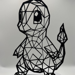 May include: A black geometric Charmander figure, a popular character from the Pokémon franchise. The figure is made of interconnected lines, creating a polygonal design. It stands on a black rectangular base, set against a white background.