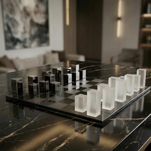 Luxus-Marmor-Schachspiel, moderne geometrische Chrom-Mattglasstücke, einzigartiges dekoratives Kunstobjekt, Exekutivgeschenk für Zuhause und Büro