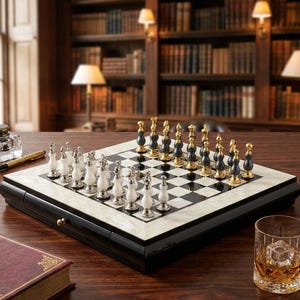 Könnte beinhalten: Ein luxuriöses Schachspiel mit schwarzen und goldenen Figuren und weißen und silbernen Figuren auf einem schwarz-weiß karierten Brett. Das Brett steht auf einem schwarzen Holzsockel mit weißem Rand. Ein Glas Whisky mit einem Eiswürfel ist im Vordergrund.