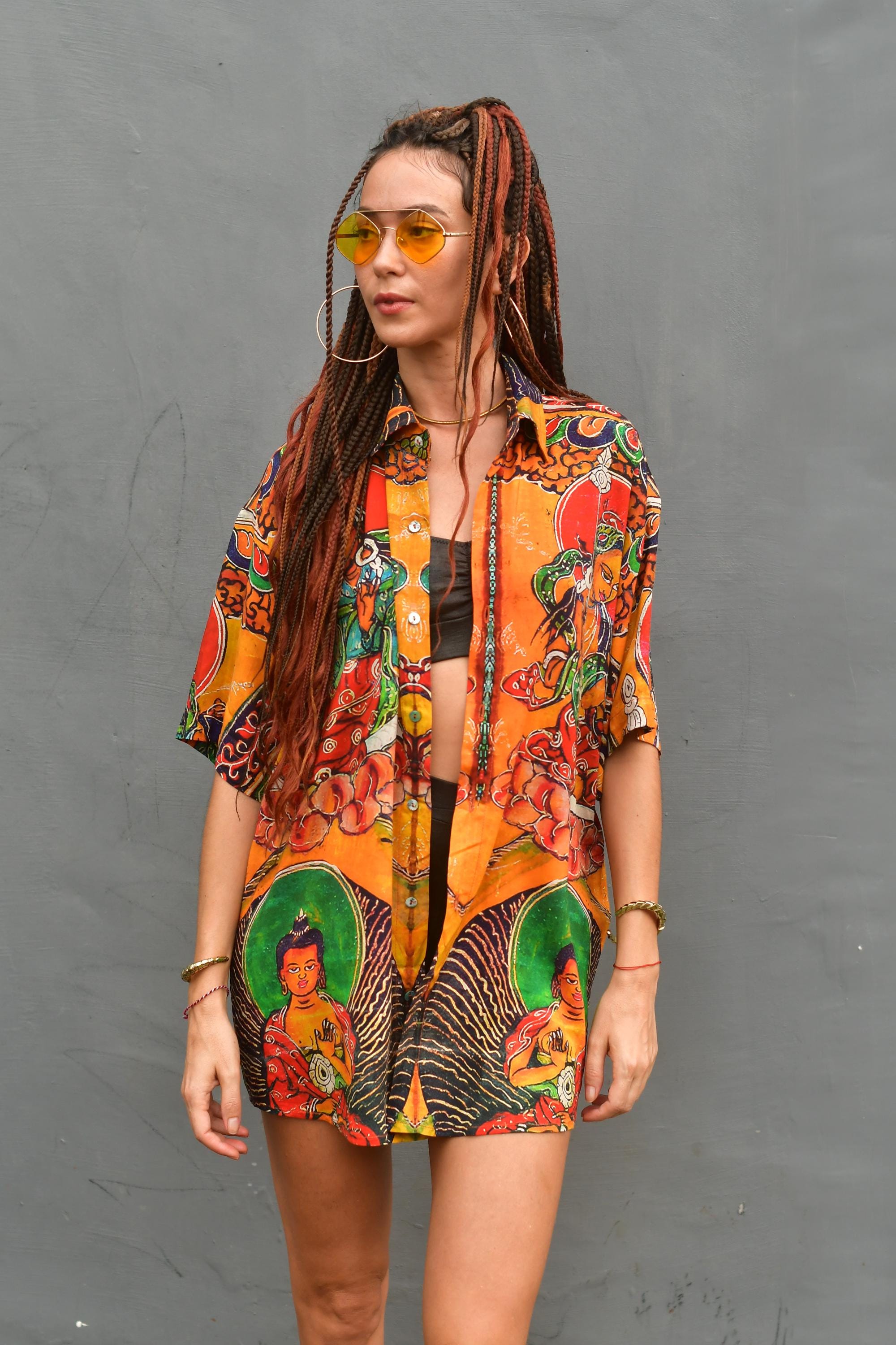 BUDDHA summer shirt, unisex boho shirt, loose fit top, organic cotton button down shirt, lightweight festival dress with unique Buddha print