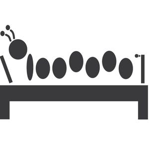 May include: A black and white graphic illustration of a caterpillar on a bed. The caterpillar is composed of a series of oval shapes and a round head with antennae. The bed is rectangular with four legs.