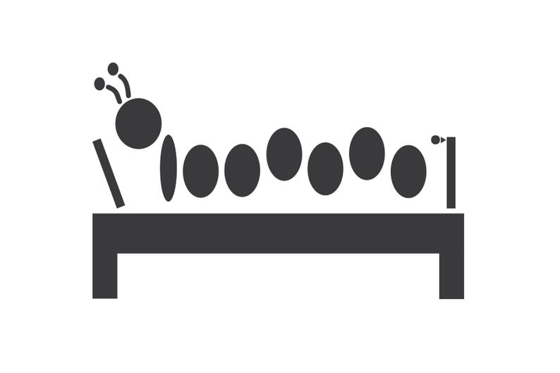May include: A black and white graphic illustration of a caterpillar on a bed. The caterpillar is composed of a series of oval shapes and a round head with antennae. The bed is rectangular with four legs.