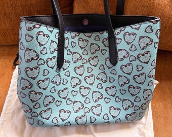 Vegan Leather Tote Bag, teal dark hearts