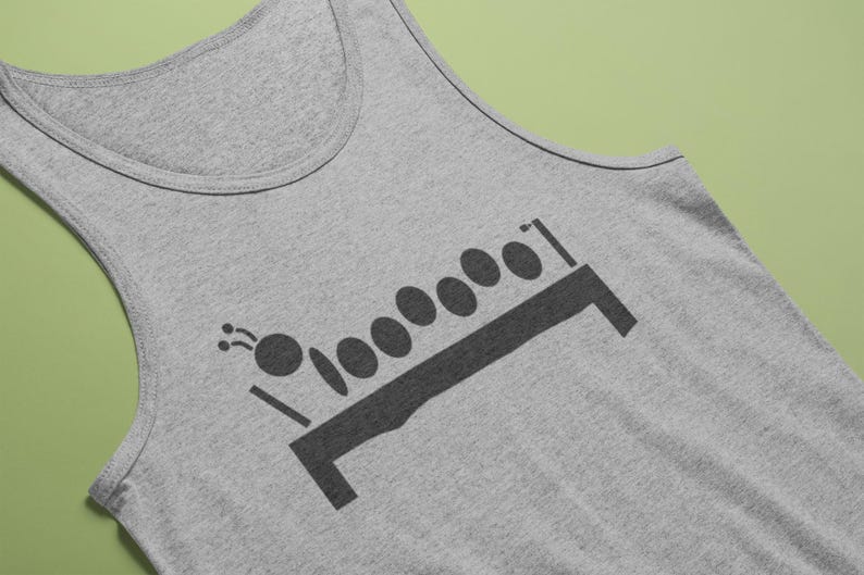 May include: A gray tank top with a black graphic of a stylized caterpillar on a bench. The caterpillar has a round head with antennae and a series of oval body segments. The bench has a rectangular base.
