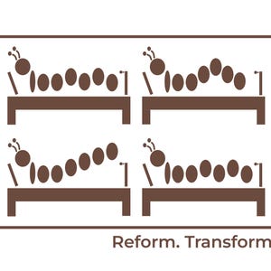 May include: A brown graphic with four caterpillar illustrations on platforms. Each caterpillar is composed of oval shapes and a round head with antennae. The text "Reform. Transform." is below the illustrations.