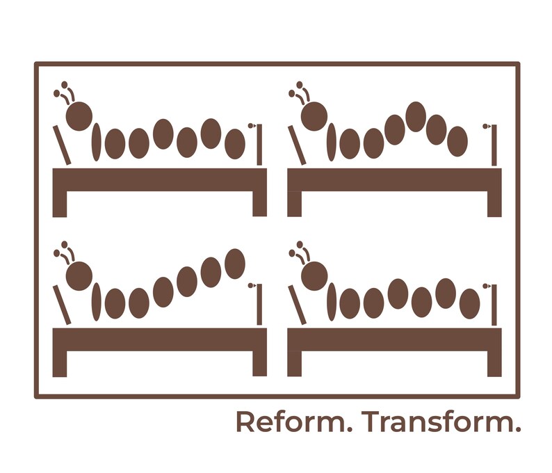May include: A brown graphic with four caterpillar illustrations on platforms. Each caterpillar is composed of oval shapes and a round head with antennae. The text "Reform. Transform." is below the illustrations.