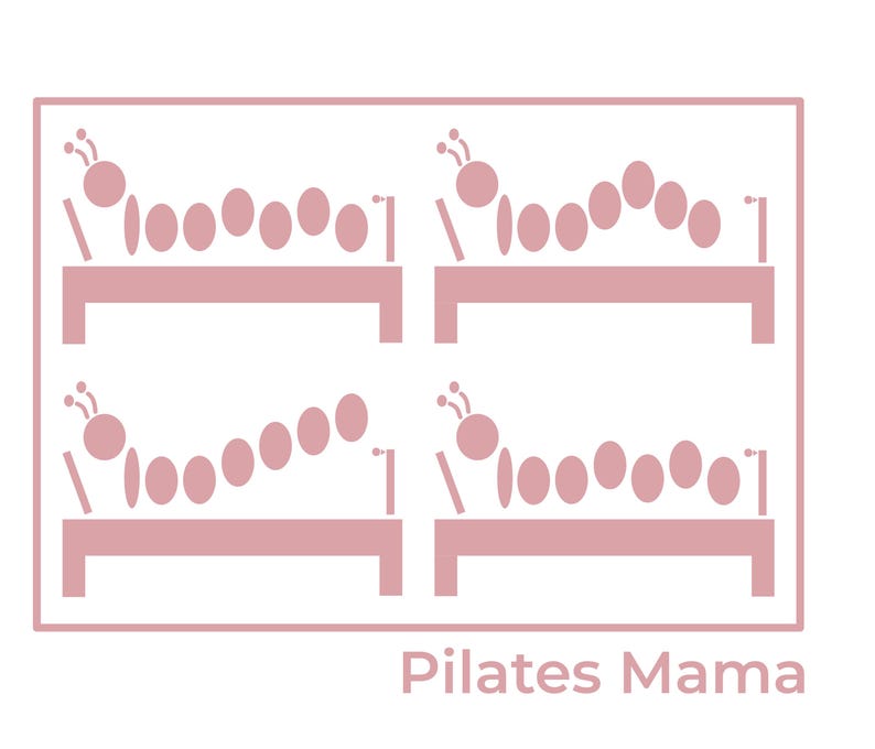 May include: A pink graphic with four illustrations of a caterpillar doing Pilates on a bed-like structure. The text "Pilates Mama" is below the illustrations. The caterpillar is made of pink circles and has antennae.