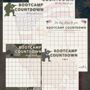 Puede incluir: Una colección de gráficos imprimibles de Cuenta Regresiva para el Campo de Entrenamiento con temática militar. Cada gráfico presenta una cuadrícula para rastrear el progreso, las palabras "Bootcamp Countdown" y "One day closer to you", e imágenes patrióticas.