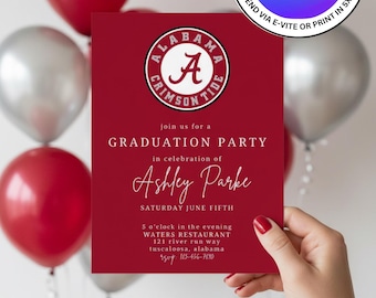University of Alabama Graduation Party Invitation Template. Instant Digital Download, Edit Easily in Canva. Send E-vite or Print in 5x7.