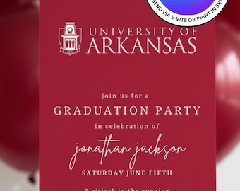 University of Arkansas Graduation Party Invitation Template. Easily Editable in Canva for FREE. Print in 5x7 or Send Digital Invite.