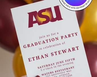 ASU Arizona State University Graduation Party Invitation Template. Easily Editable in Canva for FREE. Print 5x7 or Send Digital Invite.