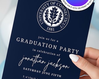 University of Connecticut Graduation Party Invitation Template. Instant Download, Easily Editable. Print 5x7 or Send Digital Invitation.