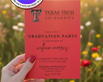 Texas Tech University Graduation Party Template. Instant Digital Download, Edit Easily in Canva for FREE. Print 5x7 or Send E-vite.