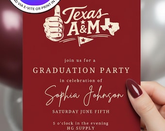Texas A&M University Graduation Party Invitation Template. Instant Download, Easily Editable. Print 5x7 or Send Digital Invitation.