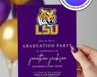 LSU Louisiana State University Graduation Party Invitation Template. Instant Download, Easily Editable. Print 5x7 or Send Digital Invitation