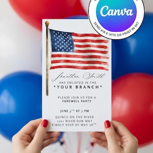 Peut inclure: Une invitation blanche avec une illustration du drapeau américain, tenue par des mains avec du vernis à ongles rouge, sur fond de ballons rouges, blancs et bleus. La carte indique : "Jonathan Smith s'est engagé dans *YOUR BRANCH*" et les détails d'une fête d'adieu.