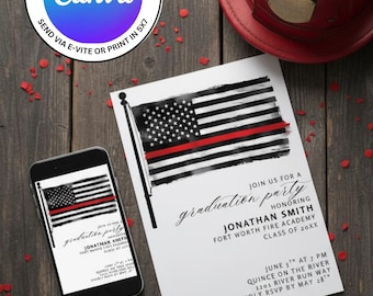 Fire Academy Graduation Pary Invitation Template. Instant Digital Download, Edit Easily in Canva for FREE. Print 5x7 or Send E-vite.