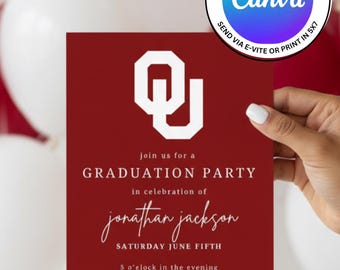OU University of Oklahoma Graduation Party Invitation Template. Easily Editable Instant Download. Print 5x7 or Send Digital Invitation.