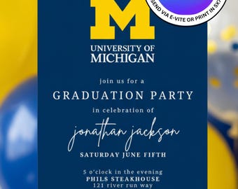 University of Michigan Graduation Party Invitation Template. Instant Download, Easily Editable. Print 5x7 or Send Digital Invitation.