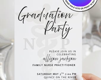 Nurse Practitioner Graduation Party Invitation Template. NP Graduation Party. Instant Download. Edit for FREE. Print 5x7 or Send Digitally.