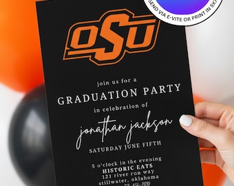 OSU Oklahoma State University Graduation Invitation Template. Easily Editable Invite in Canva for FREE. Print 5x7 or Send Digital Invite.
