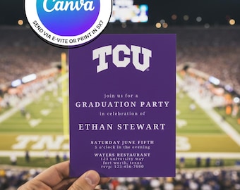 TCU Graduation Party Invitation Template. Instant Digital Download, Edit Easily in Canva for FREE. Send E-vite or Print in 5x7.