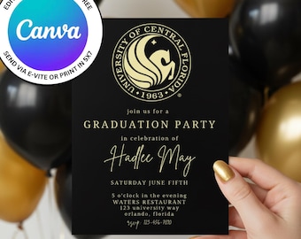 University of Central Florida (UCF) Graduation Party Invitation Template. Edit Easily in Canva for FREE, Send E-vite or Print 5x7.