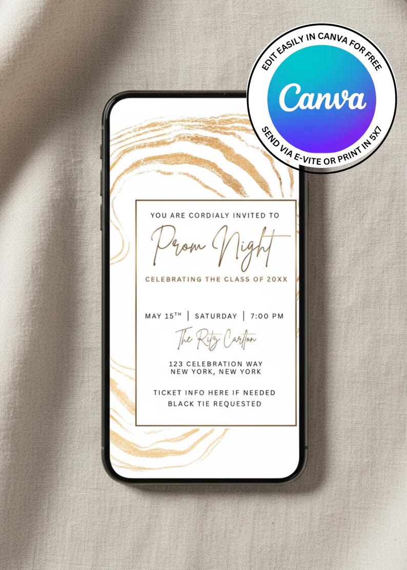 White and Gold Luxury Prom Invitation Template. Instant Digital ...