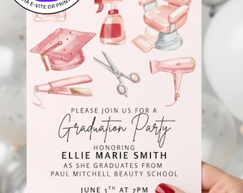 Mall för inbjudan till examensfest för kosmetologer. Direkt digital nedladdning, lätt redigerbar. Skriv ut 5x7 eller skicka digital inbjudan.