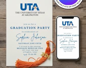 Mall för examensfest vid University of Texas i Arlington UTA. Direkt digital nedladdning, redigera enkelt i Canva GRATIS.