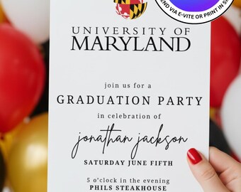 University of Maryland Graduation Party or Ceremony Invitation. Instant Download, Easily Editable. Print 5x7 or Send Digital Invite.
