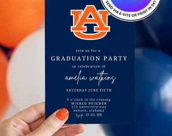 Auburn University Graduation Party Invitation Template. Instant Digital Download, Edit Easily in Canva for FREE. Print 5x7 or Send E-vite.
