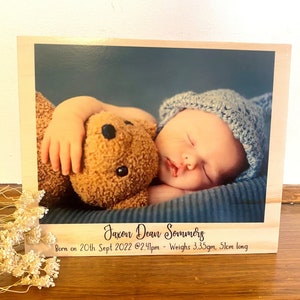 Personalised Birth Announcement, Nursery Décor, Baby Boy Christening Gift, Newborn Announcement with Photo, Birth Plaque, Birth Stats Boy