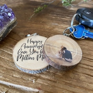5th Anniversary Keychain on Wood, Wood Slice Keyring, Gift For Him, Valentines Day Present, Key Ring, Anniversary Present, Unique Gifts
