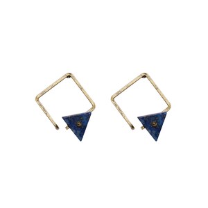 May include: A pair of gold square hoop earrings with a blue triangle-shaped lapis lazuli stone attached to each hoop.