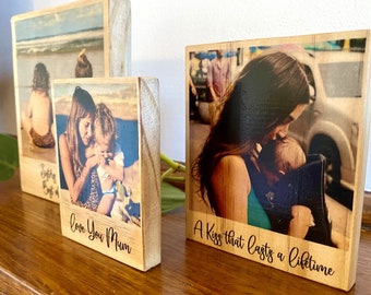 Personalised Wooden Photo Block | Custom Message Photo on Wood | Rustic Timber Keepsake