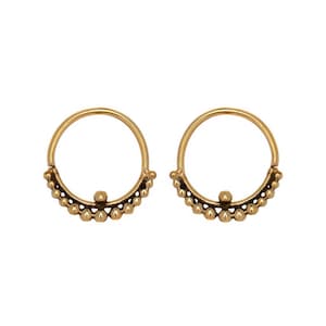 May include: A pair of gold hoop earrings with a beaded design. The hoops are simple and elegant, with a small bead at the top of each hoop.
