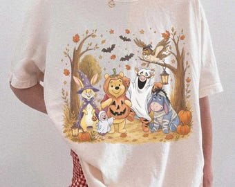 Camiseta retro de Winnie the Pooh para Halloween, camiseta Comfort Colors de Pooh Bear, camiseta familiar de Pooh y sus amigos para Halloween.