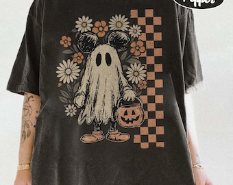 Camiseta Retro Comfort Colors con estampado floral de fantasmas, linda camiseta de fantasmas a cuadros, divertida camiseta de fantasmas para Halloween.