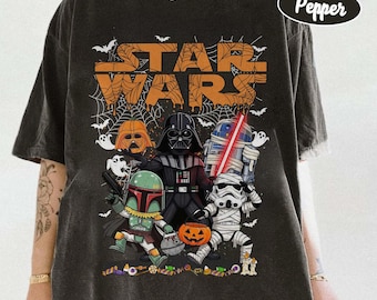 Maglietta di Halloween di Star Wars con colori retrò e comfort, maglietta di Darth Vader Stormtrooper, maglietta per viaggi di Halloween in famiglia
