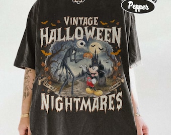 Retro Halloween-nachtmerries comfort kleuren shirt, Jack Skellington Mickey Tee, Spooky Disney Halloween-shirt, retro Halloween-grafisch T-shirt