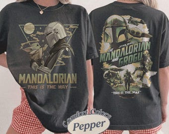Retro Star Wars The Mandalorian And Grogu Poster T-Shirt, Grogu Bounty Hunter Shirt, 90s Style Star Wars Shirt, Star Wars Fans Gift Tee