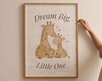Dream Big Little One Wall Art, Safari Nursery Decor, Giraffe Watercolor Print, Gender Neutral Nursery Art, Baby Shower Gift,Digital Download