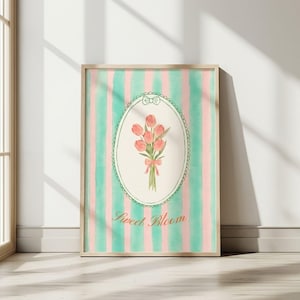 ピンクのチューリップのウォールアートプリント、子供部屋の壁飾り、水彩画風の花のポスター、パステルミントストライププリント、デジタルダウンロード、シャビーシックな花柄アート